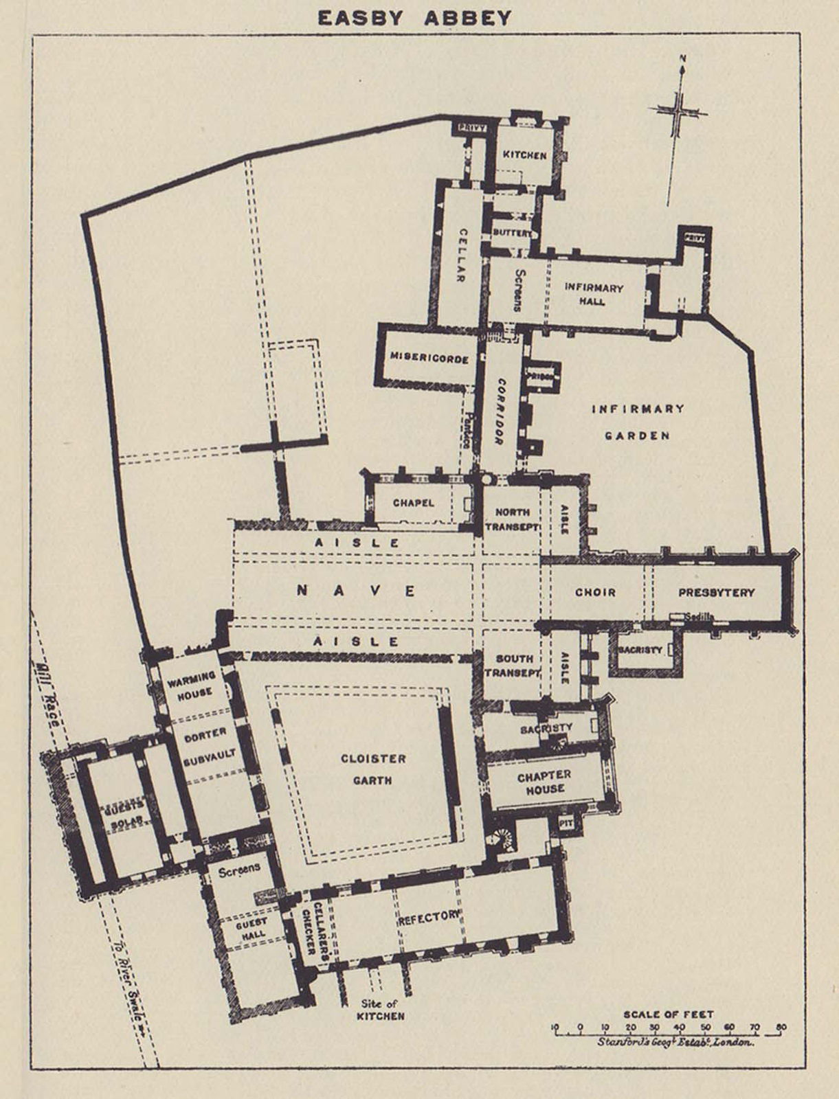 Easby Abbey ground floor plan. Yorkshire 1920 old antique map chart